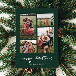 Modern Minimal Merry Christmas Four Photo Collage Holiday Card