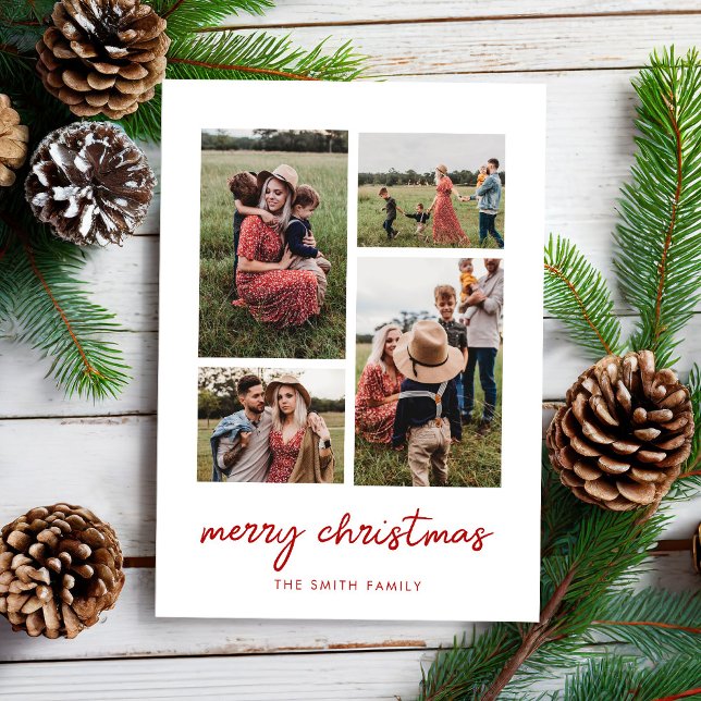 Modern Minimal Merry Christmas Four Photo Collage Holiday Card (Creator Uploaded)