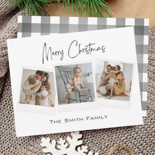Modern Minimal Merry Christmas Gingham Photo Card