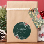 Modern Minimal Merry Christmas Greenery Classic Round Sticker<br><div class="desc">This round Christmas sticker features elegant winter greenery and berries on a dark green background. The design is accented with trendy handwritten style text "Merry Christmas" which offers a touch of sophistication.</div>