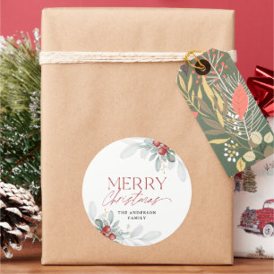 Modern Minimal Merry Christmas Greenery Classic Round Sticker