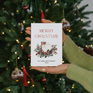 Modern Minimal Merry Christmas Red Berry Botanical Holiday Card