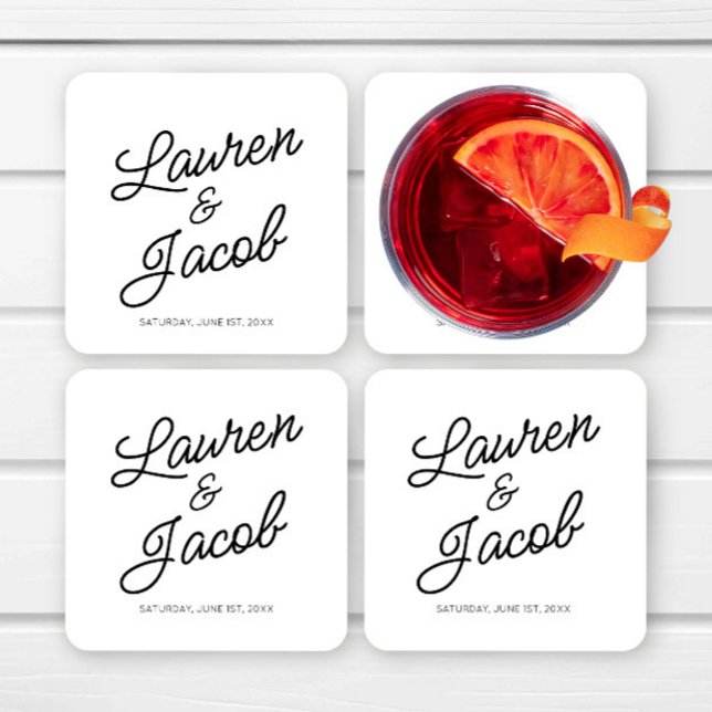 Modern Minimal Minimalist Black and White Wedding Square Paper Coaster (Creator Uploaded)