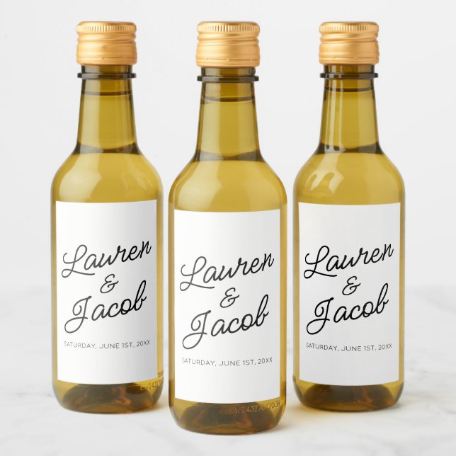 Modern Minimal Minimalist Black White Wedding Mini Wine Label (Bottles)