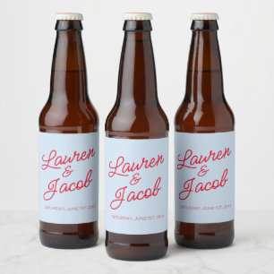 Modern Minimal Minimalist Blue and Red Wedding Beer Bottle Label