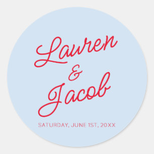 Modern Minimal Minimalist Blue and Red Wedding Classic Round Sticker
