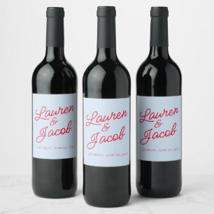 Modern Minimal Minimalist Blue and Red Wedding Wine Label
