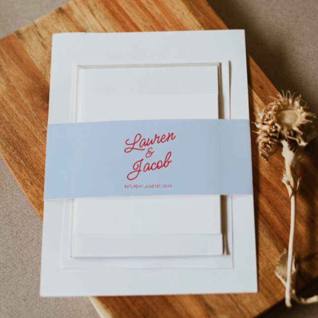 Modern Minimal Minimalist Blue Red Wedding Invitation Belly Band (Creator Uploaded)
