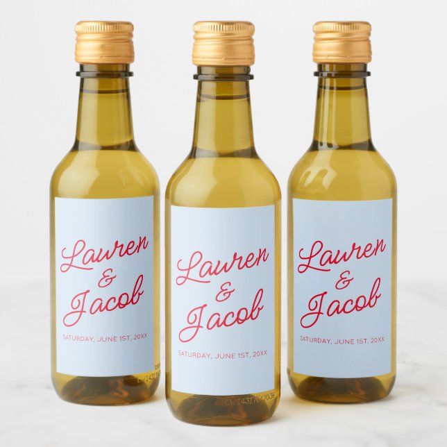 Modern Minimal Minimalist Blue Red Wedding Mini Wine Label (Bottles)