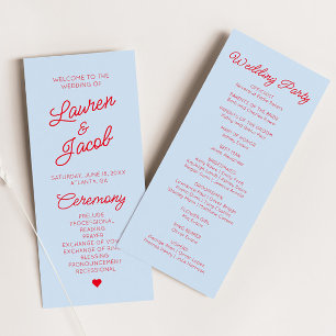 Modern Minimal Minimalist Blue Red Wedding Programme