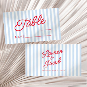 Modern Minimal Minimalist Blue Stripes Red Wedding Place Card