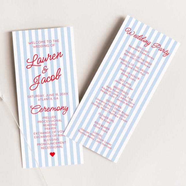 Modern Minimal Minimalist Blue Stripes Red Wedding Programme (Creator Uploaded)