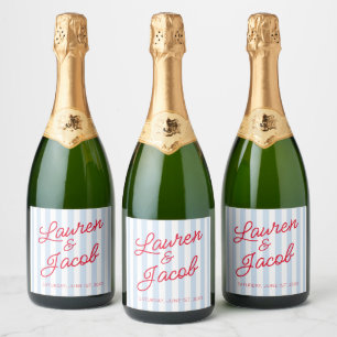 Modern Minimal Minimalist Blue Stripes Red Wedding Sparkling Wine Label