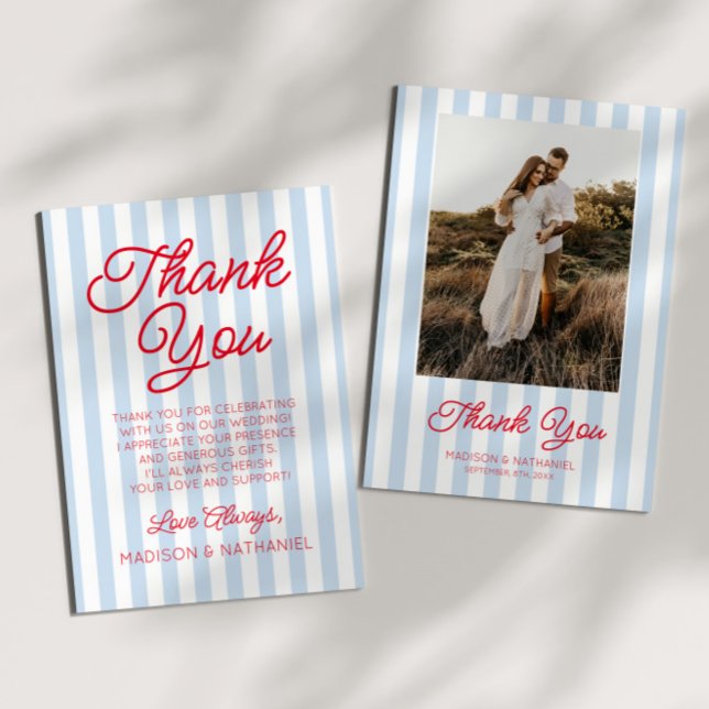 Modern Minimal Minimalist Blue Stripes Red Wedding Thank You Card (Creator Uploaded)
