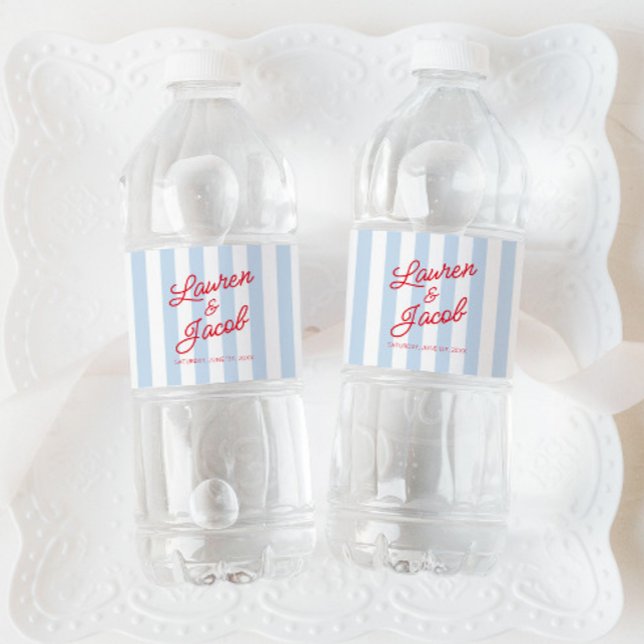 Modern Minimal Minimalist Blue Stripes Red Wedding Water Bottle Label (Creator Uploaded)