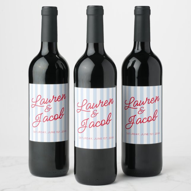 Modern Minimal Minimalist Blue Stripes Red Wedding Wine Label (Bottles)