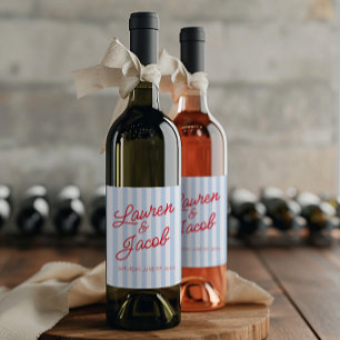 Modern Minimal Minimalist Blue Stripes Red Wedding Wine Label