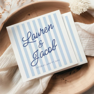 Modern Minimal Minimalist Blue Stripes Wedding Napkin