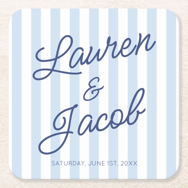 Modern Minimal Minimalist Blue Stripes Wedding Square Paper Coaster (Front)