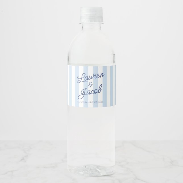 Modern Minimal Minimalist Blue Stripes Wedding Water Bottle Label (Front)