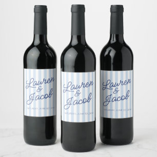 Modern Minimal Minimalist Blue Stripes Wedding Wine Label