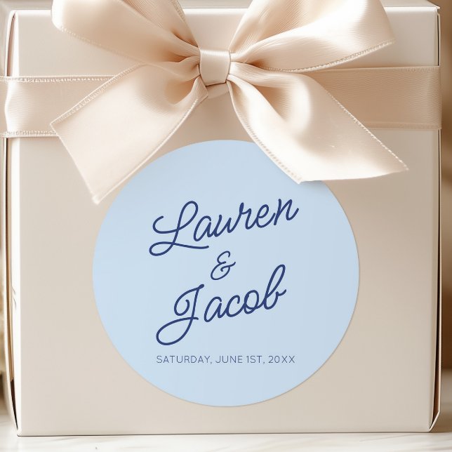 Modern Minimal Minimalist Blue Wedding Classic Round Sticker (Creator Uploaded)