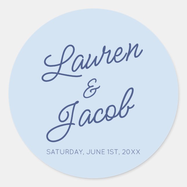 Modern Minimal Minimalist Blue Wedding Classic Round Sticker (Front)