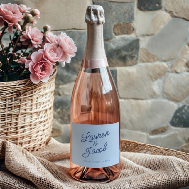 Modern Minimal Minimalist Blue Wedding Sparkling Wine Label (Creator Uploaded)