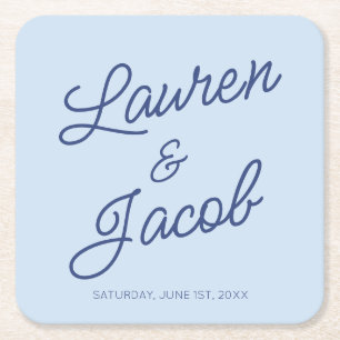 Modern Minimal Minimalist Blue Wedding Square Paper Coaster