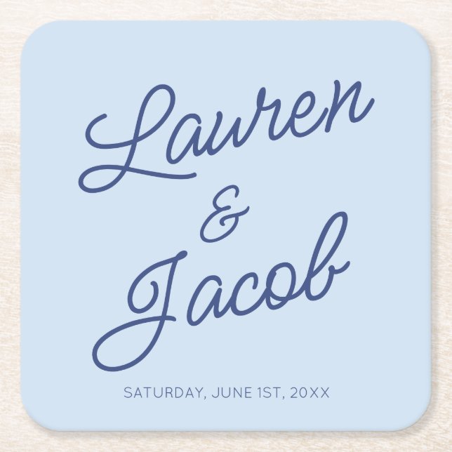 Modern Minimal Minimalist Blue Wedding Square Paper Coaster (Front)