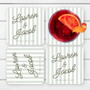 Modern Minimal Minimalist Green Stripes Wedding Square Paper Coaster