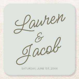 Modern Minimal Minimalist Green Wedding Square Paper Coaster