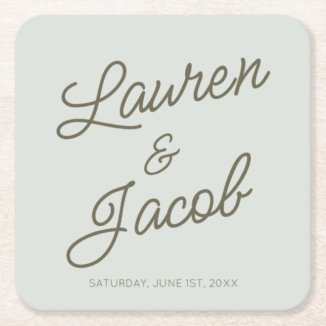 Modern Minimal Minimalist Green Wedding Square Paper Coaster (Front)