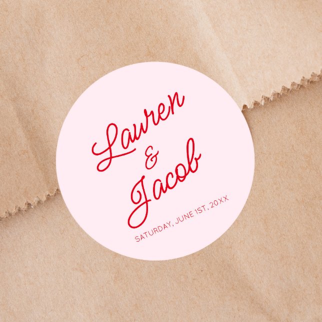 Modern Minimal Minimalist Pink and Red Wedding Classic Round Sticker (Creator Uploaded)