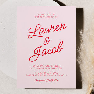 Modern Minimal Minimalist Pink and Red Wedding Invitation