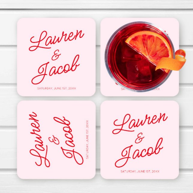 Modern Minimal Minimalist Pink and Red Wedding Square Paper Coaster (Creator Uploaded)