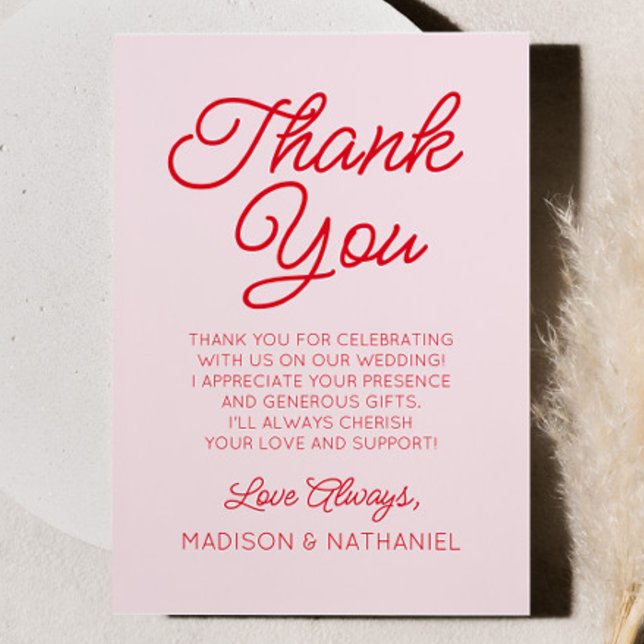 Modern Minimal Minimalist Pink and Red Wedding Thank You Card (Creator Uploaded)