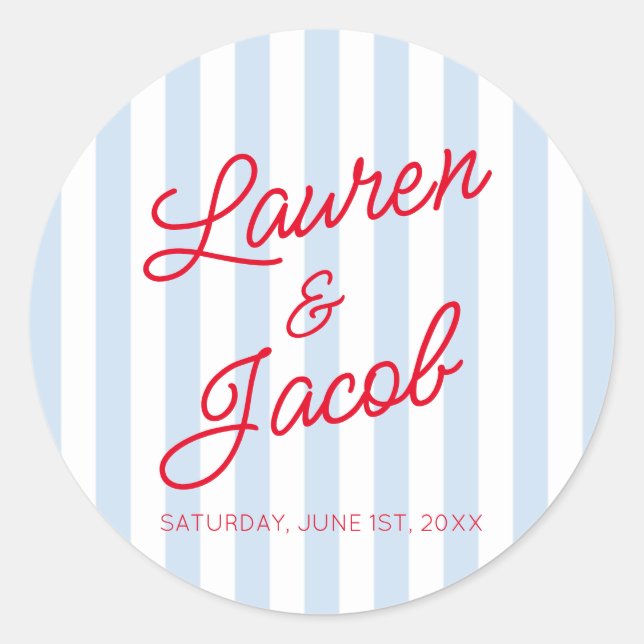 Modern Minimal Minimalist Red Blue Stripes Wedding Classic Round Sticker (Front)