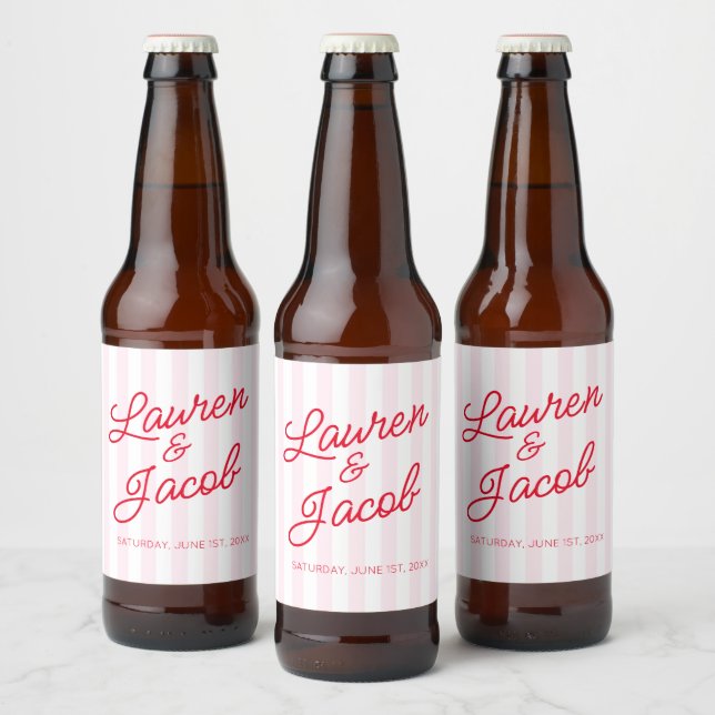 Modern Minimal Minimalist Red Pink Stripes Wedding Beer Bottle Label (Bottles)