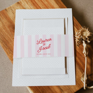 Modern Minimal Minimalist Red Pink Stripes Wedding Invitation Belly Band