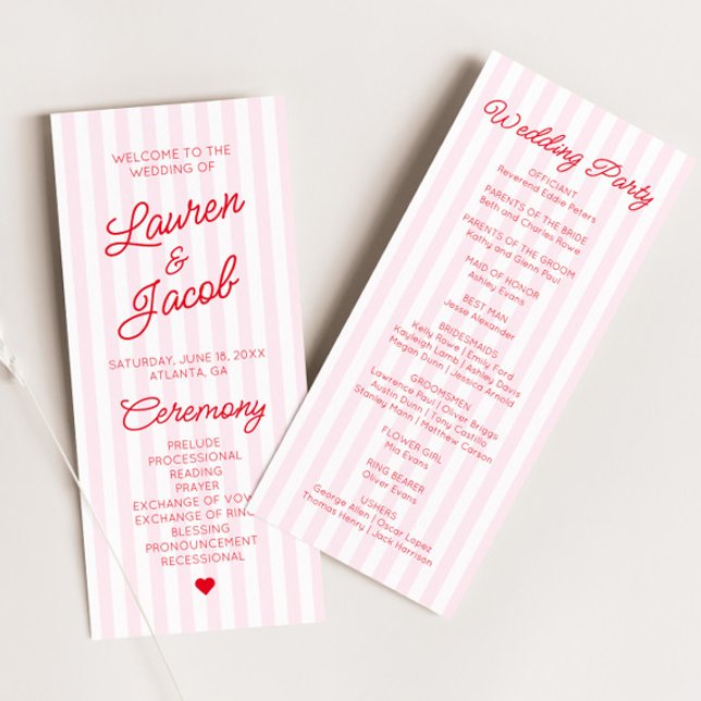 Modern Minimal Minimalist Red Pink Stripes Wedding Programme (Creator Uploaded)