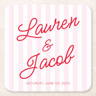 Modern Minimal Minimalist Red Pink Stripes Wedding Square Paper Coaster