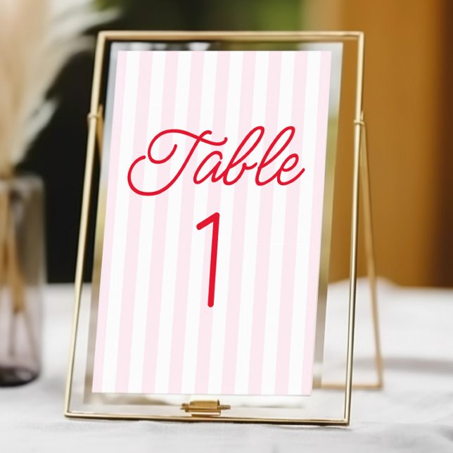 Modern Minimal Minimalist Red Pink Stripes Wedding Table Number (Creator Uploaded)
