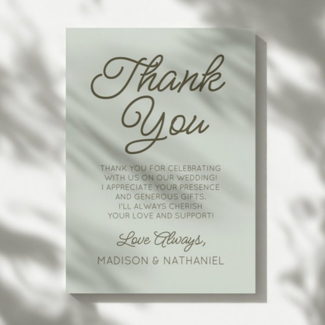 Modern Minimal Minimalist Sage Green Wedding Thank You Card (Creator Uploaded)