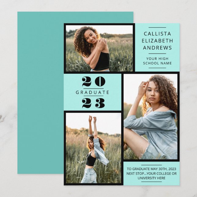 Modern Minimal Mint Black Photo Grid Graduation Announcement (Front/Back)