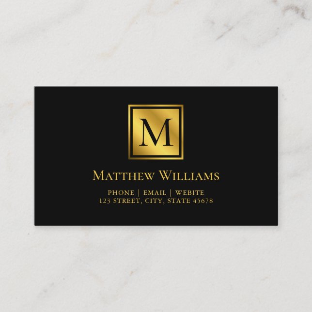 Modern Minimal Monogram Black And Gold Business Card (Front)