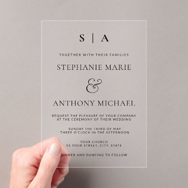 Modern Minimal Monogram Black and White Wedding  Acrylic Invitations (Insitu (Handheld))