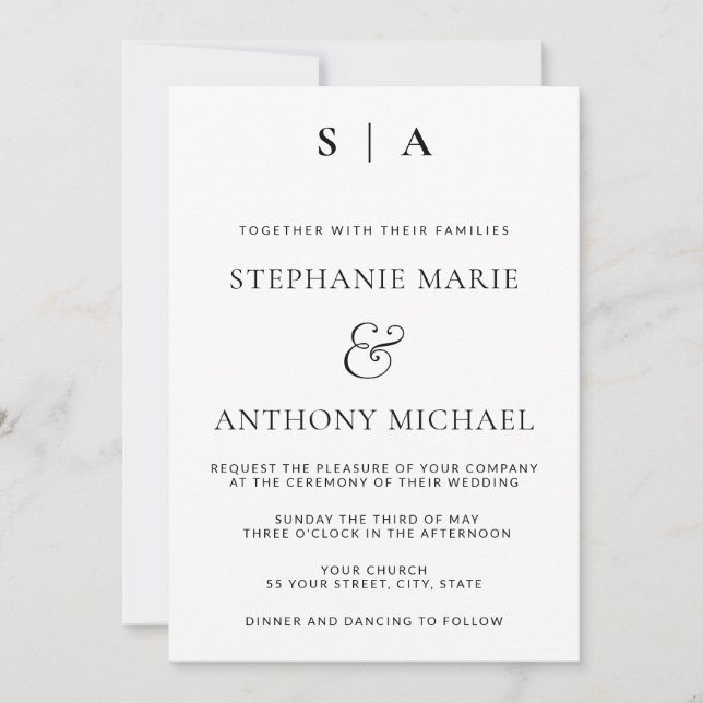 Modern Minimal Monogram Black and White Wedding  Invitation (Front)