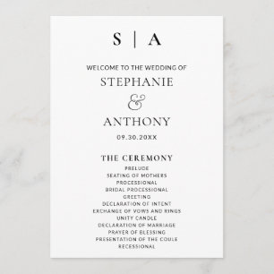 Modern Minimal Monogram Black and White Wedding  Programme
