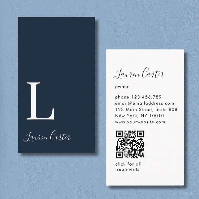 Modern Minimal Monogram Darkblue QR Code Business Card (Modern Minimal Monogram Blue QR Code Business Card)